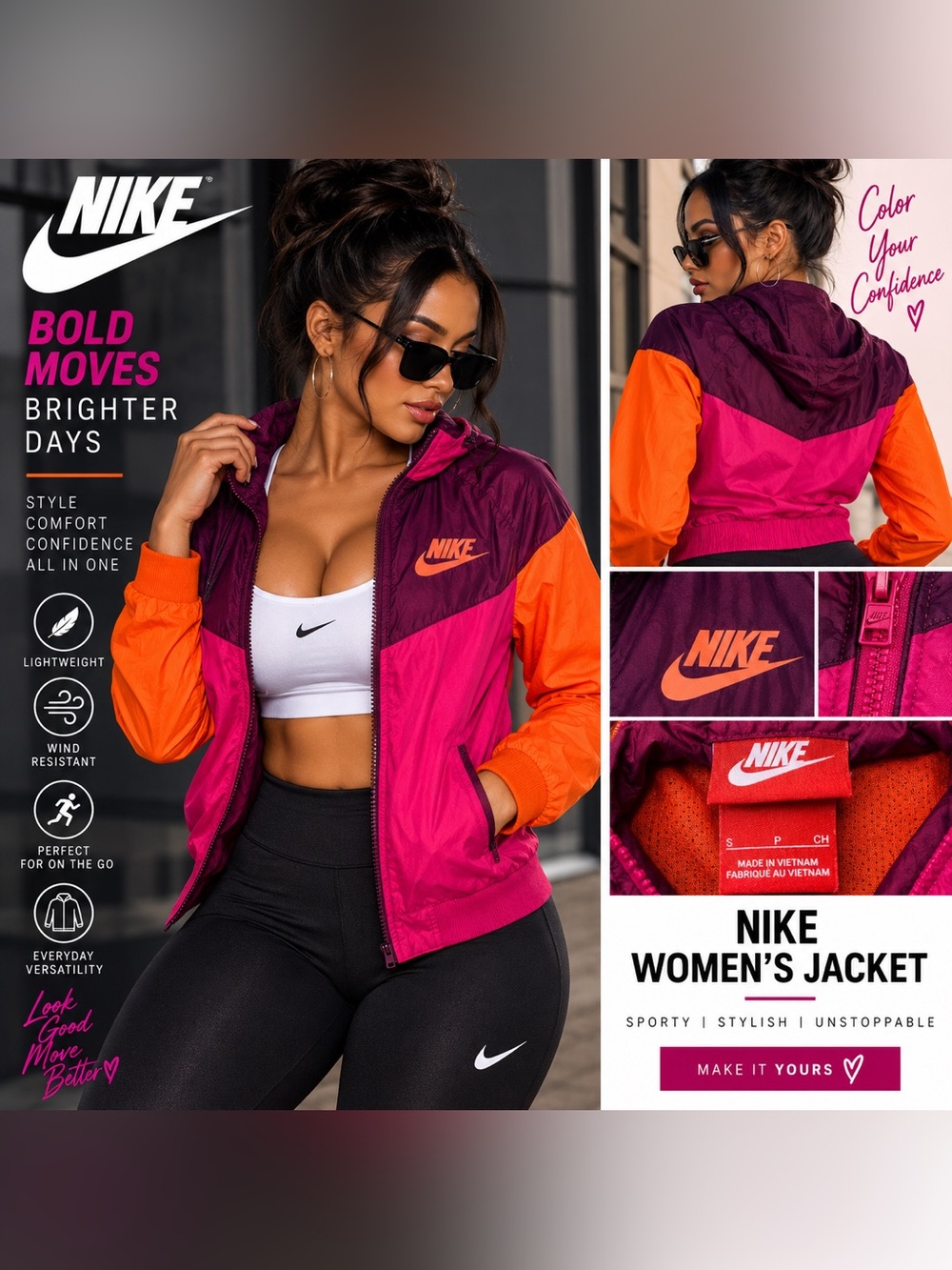 Nike Women's Colorblock Windbreaker Jacket - Magenta/Orange/Burgundy size Small
